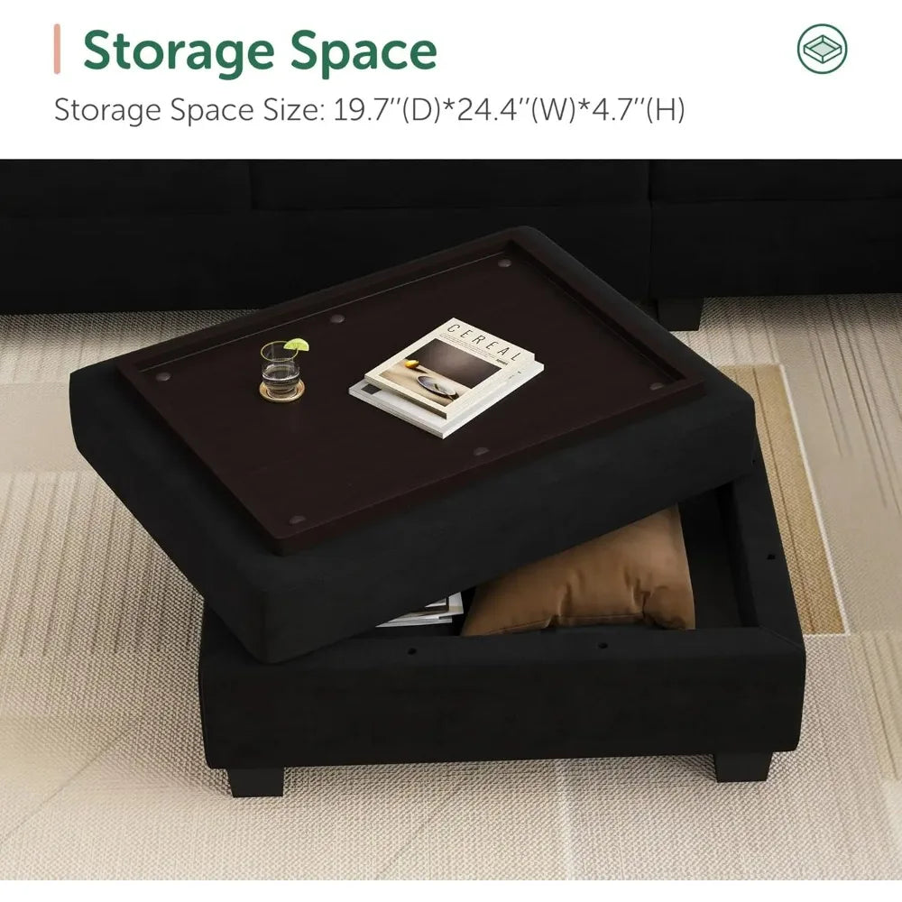 Velvet Convertible Sofa L Shaped Couch with Storage Ottoman Corner Sectional Couch with Reversible Chaise, Sofa Living Room