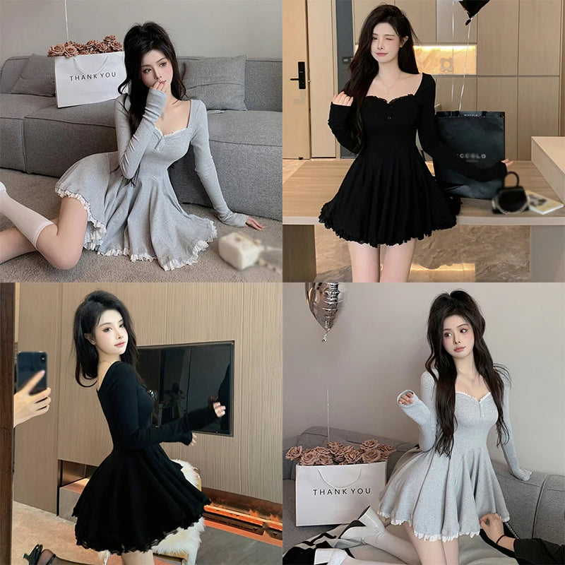 Women Sexy Korean Dress French Style Waist Closed Long Sleeve Collarbone Exposed Sweet