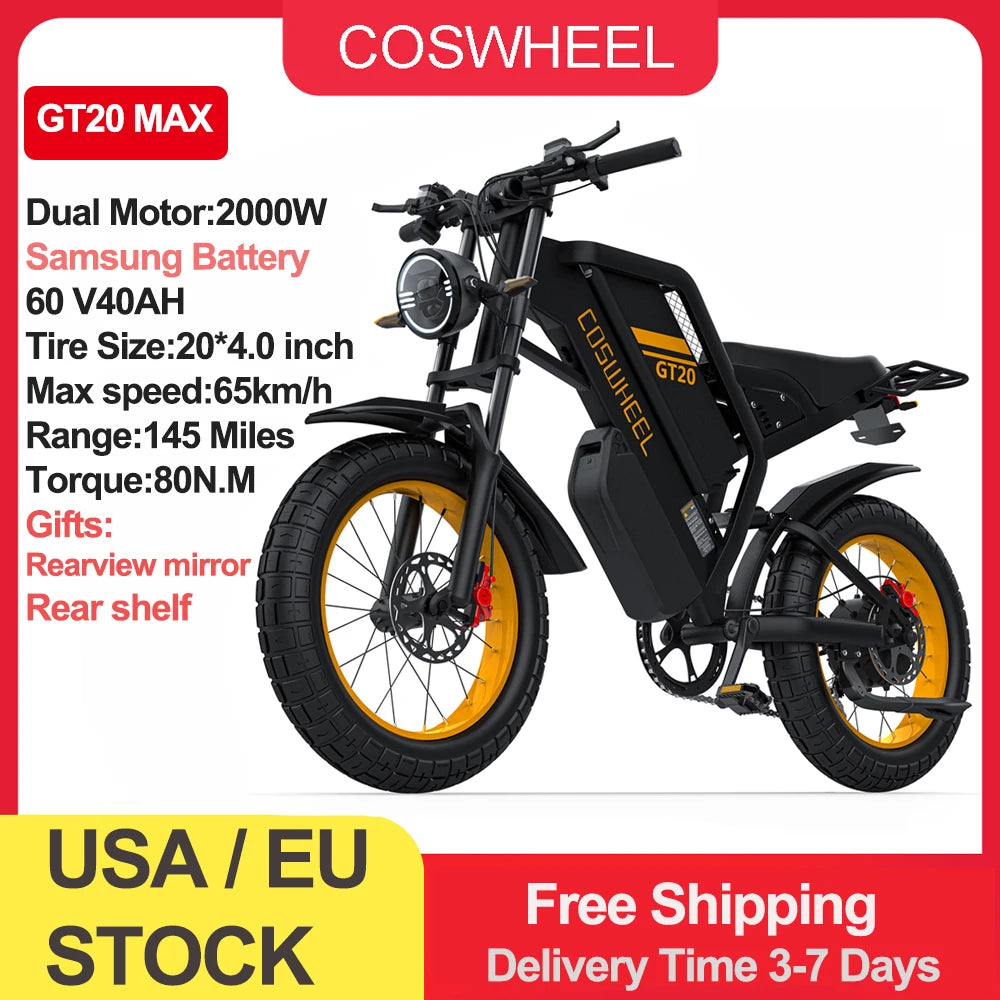 Coswheel Electric bike for Adult 2000W 60V Off-Road Motorcycle Mountain Bikes 20Inch Electric bike Fatbike Motorcycles ebike