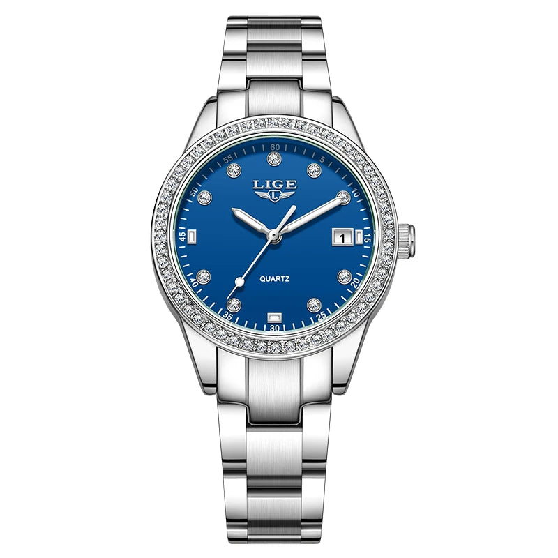 LIGE Original Diamond Dial Quartz Watch for Women Fashion Elegant Ladies Watches Stainless Steel Waterproof Women's Wristwatch