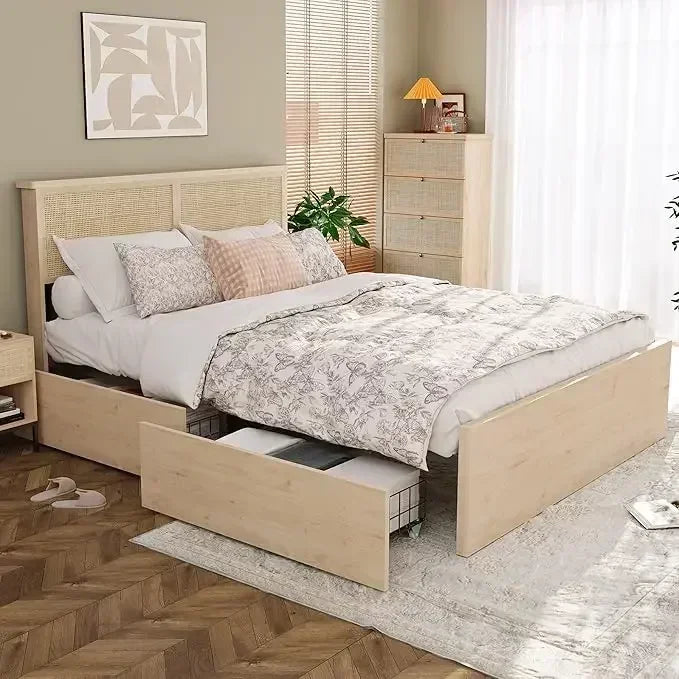 with Natural Rattan Headboard and Wooden 4 Storage Drawers,Metal Platform with Strong Wooden Slats Support,No Box Spring Needed