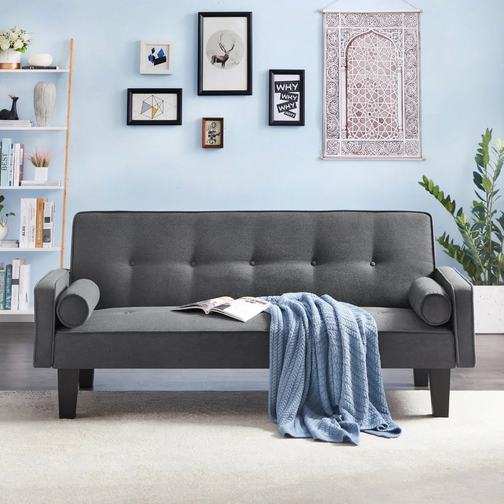 Convertible Futon Sofa Bed,Upholstered Futon Couch Fabric Sleeper Sofa with Pillows for Living Room,Gray