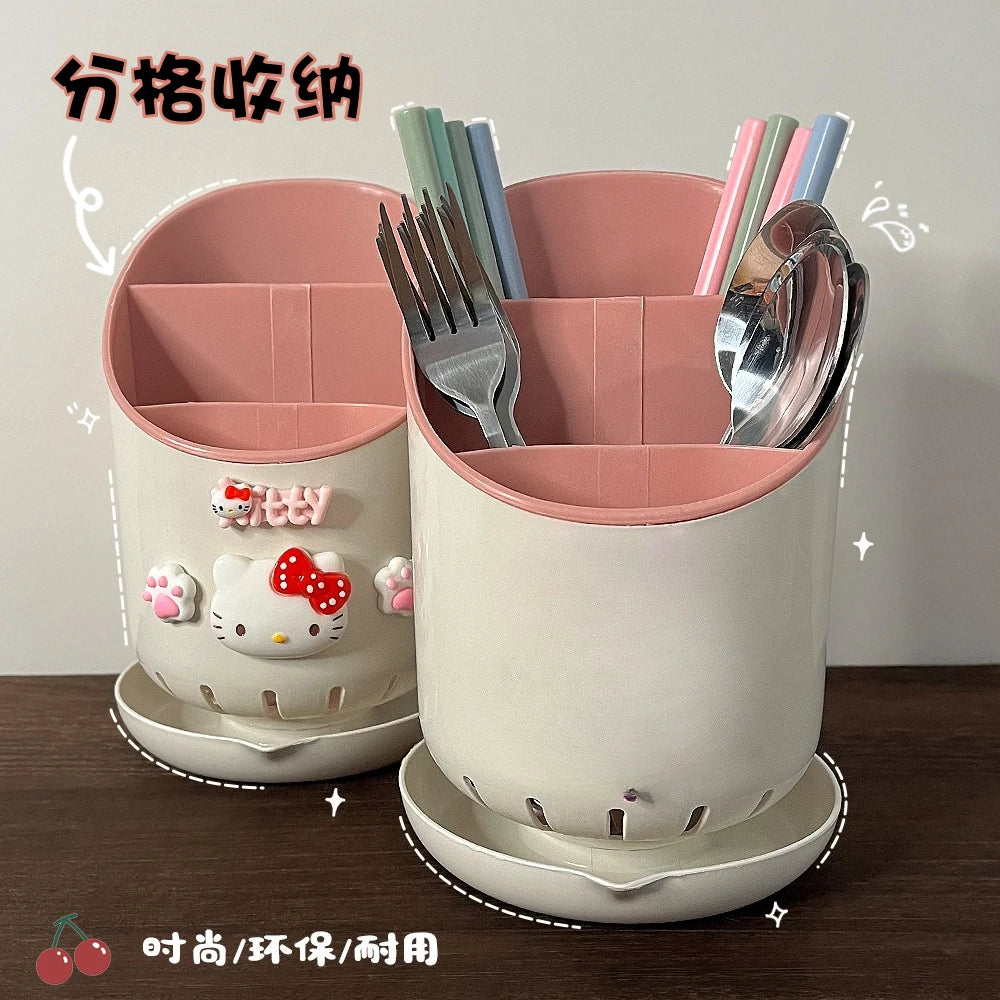 Cute Hello Kitty Kitchen Chopstick Tube Kawaii Cartoon Drain Tableware Chopstick Box Spoon Fork Rack Desktop Storage Tube