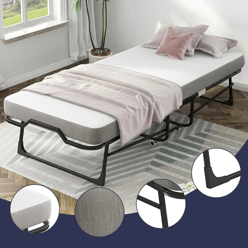 Twin Size Rollaway Bed, 75" x 38" Folding Bed with 3.8 Inch Foam Mattress, Space-Saving with Sturdy Metal Frame,Portable beds