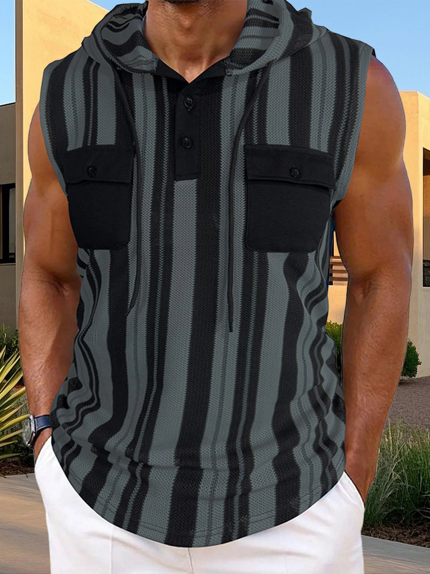 Men s Stylish Sleeveless Striped Tank Top with Hood and Drawstring Casual Button-Up Vest Featuring Pockets for Summer Wear