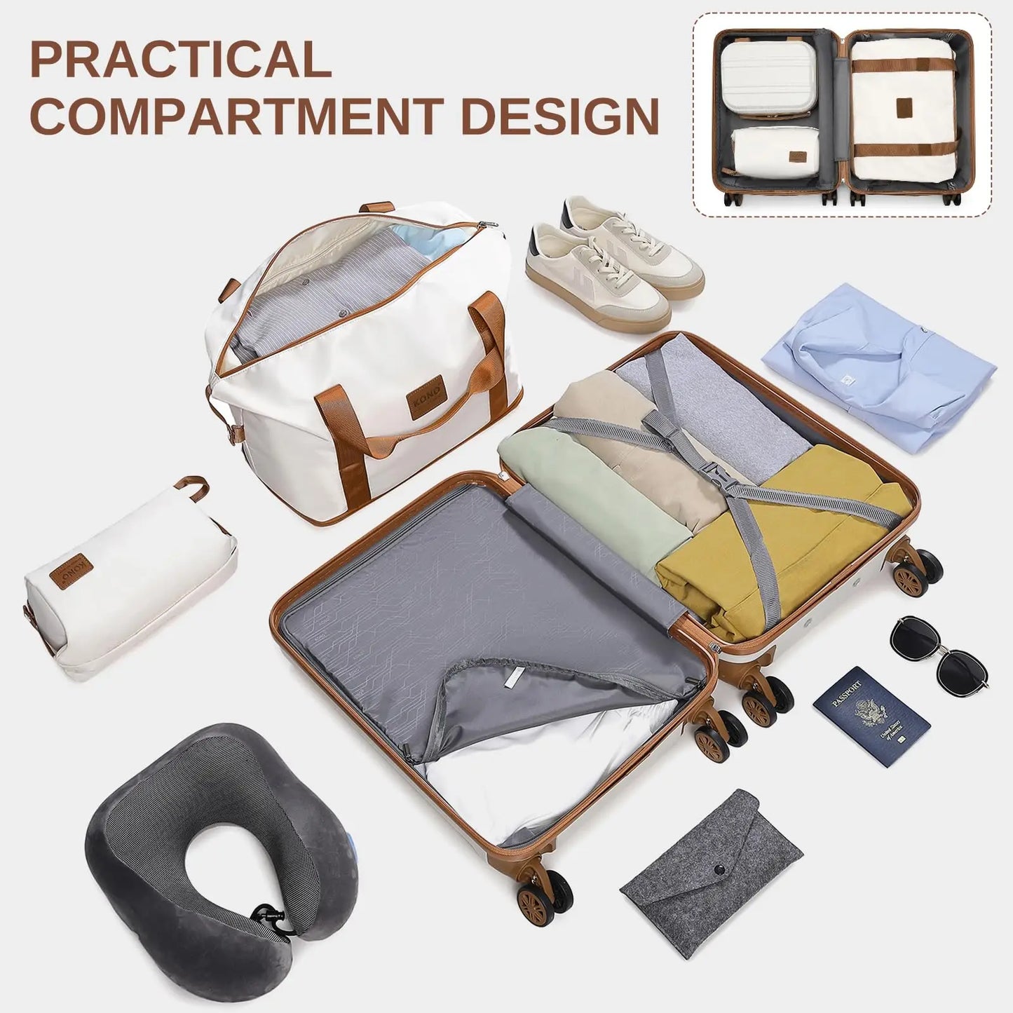 Kono Luxury 6-Piece Luggage Collection - Hardshell Suitcases + Duffel & Cosmetic Case, 20/24/28" Sizes