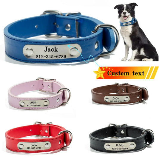 Personalized Name Carved Dog Collar ID Tag  Anti-lost Solid PU Leather Collar For Small Medium Large Dogs Puppy Cat Pet Supplies
