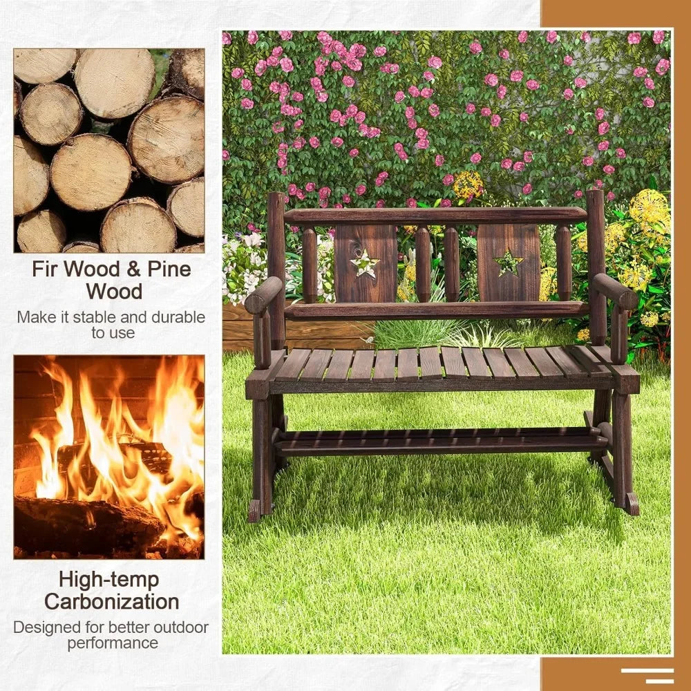2-Seater Garden Bench,  Carbonized Wood Patio Rocker Chair with Ergonomic Backrest,  Outdoor Furniture Rocking Loveseat