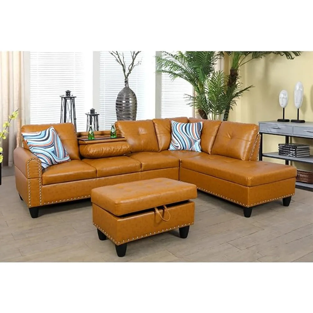 L Shaped Sectional Sofa with Ottoman,Nail-Head Design Leather Right Facing Couches with Cup Holder for Living Room,Office,Ginger