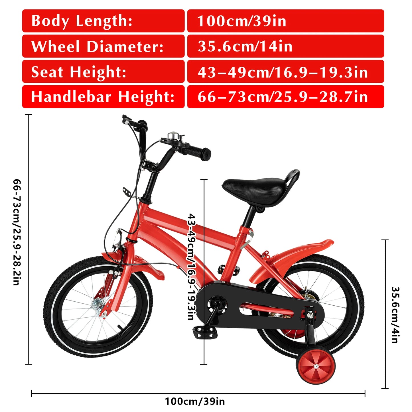 14'' Children's Bicycle,Kid's Learning Bike W/ 2 Training Wheels for 3-7 Years,Carbon Steel Bicycle,Red/White/Blue/Yellow