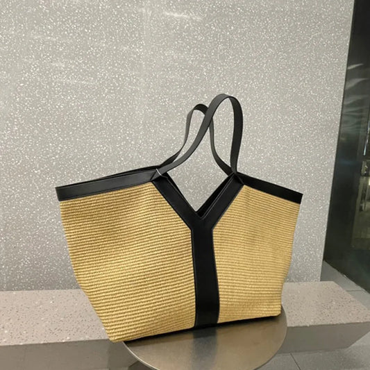 Brand Luxury Designer New Y-shaped Straw Tote Bag Large Capacity Shopping Bag Beach Bag Shoulder Underarm Bag Woven Women's Bag