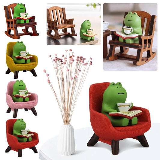 Frog Drinking Coffee Ornament Creative Funny Frog Reading Sculpture Miniature Frog Read Book Figurines for Shelf Desk Decoration