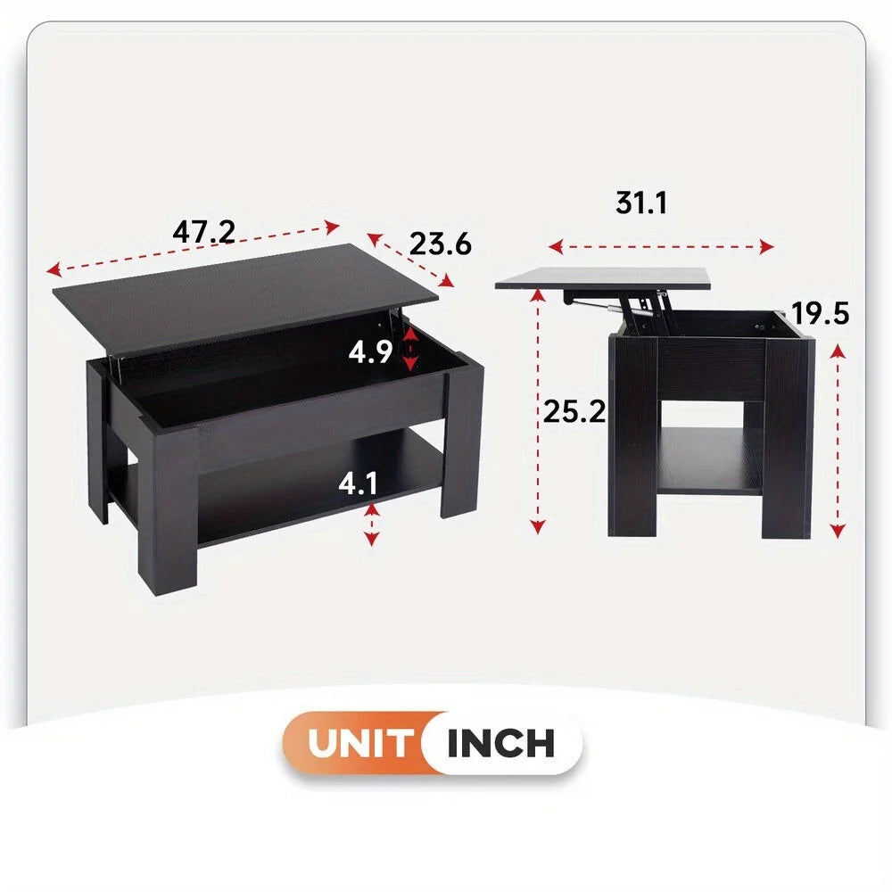 Elevating coffee table with hidden compartment and storage shelf