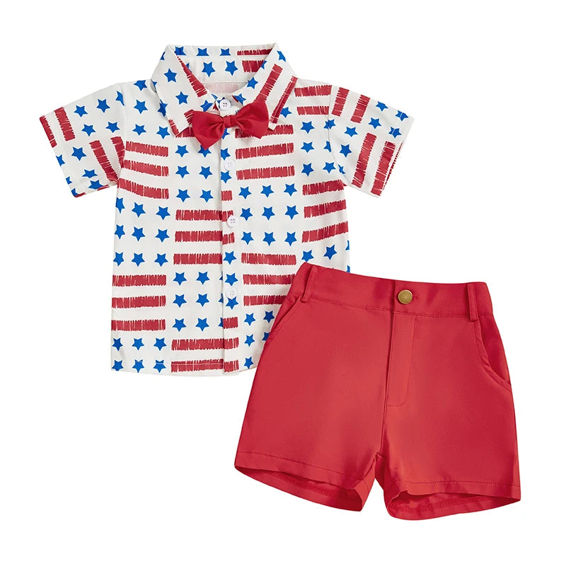 Infant Boy Independence Day Apparel Red White Blue Star Stripe Print Bowtie Top Shorts Set Kids Clothing for July 4th