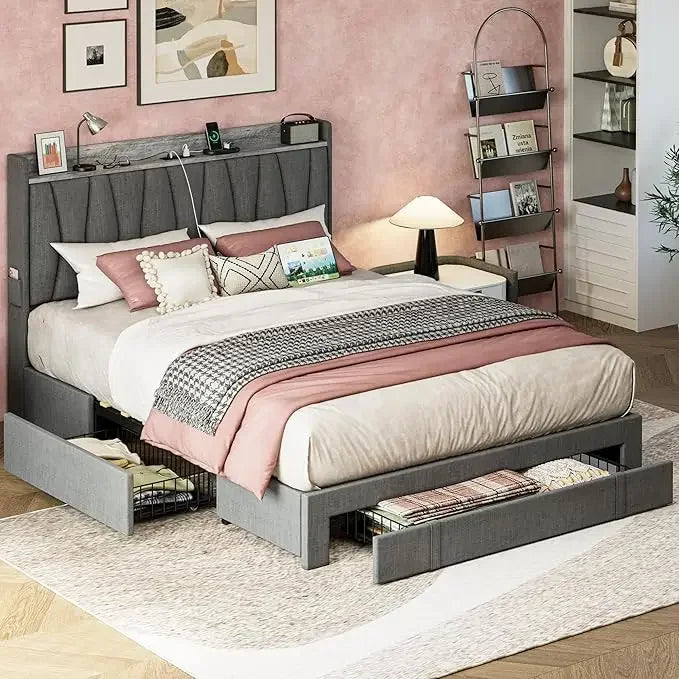 Full Size Bed Frame with 3 Drawers, Upholstered Platform Bed with Storage Headboard and Charging Station, No Box Spring