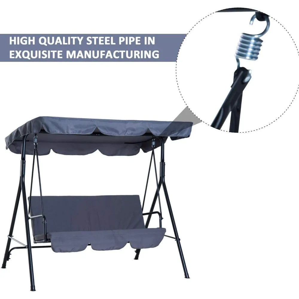 Garden Swing Chair, 3 Seater Canopy Swing Chair Garden Rocking Bench Heavy Duty Patio Metal Seat W/Top Roof, Patio Swing Bench