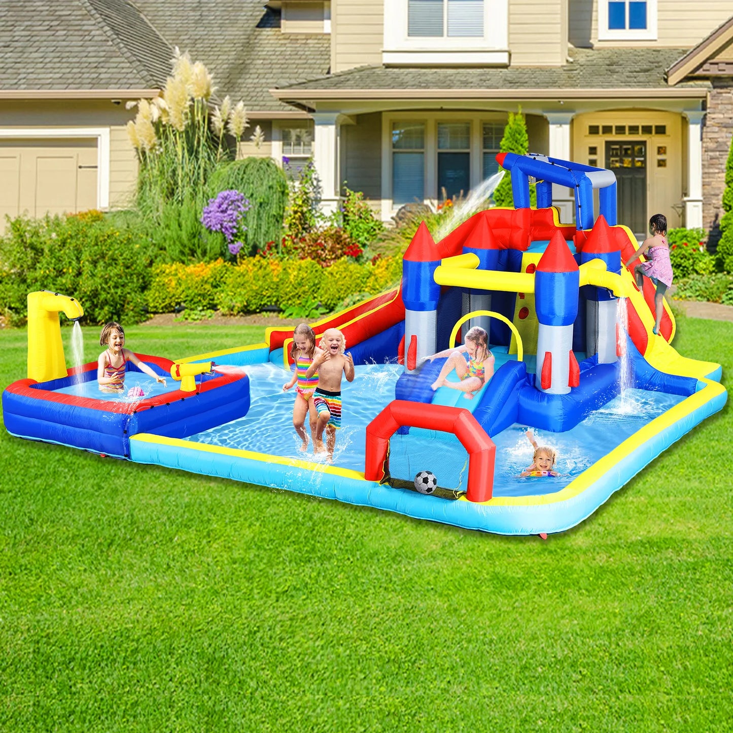 Inflatable Slide Water Park Trampoline Bouncing House Outdoor Garden For Endless Fun to Kids with Blower and Toys