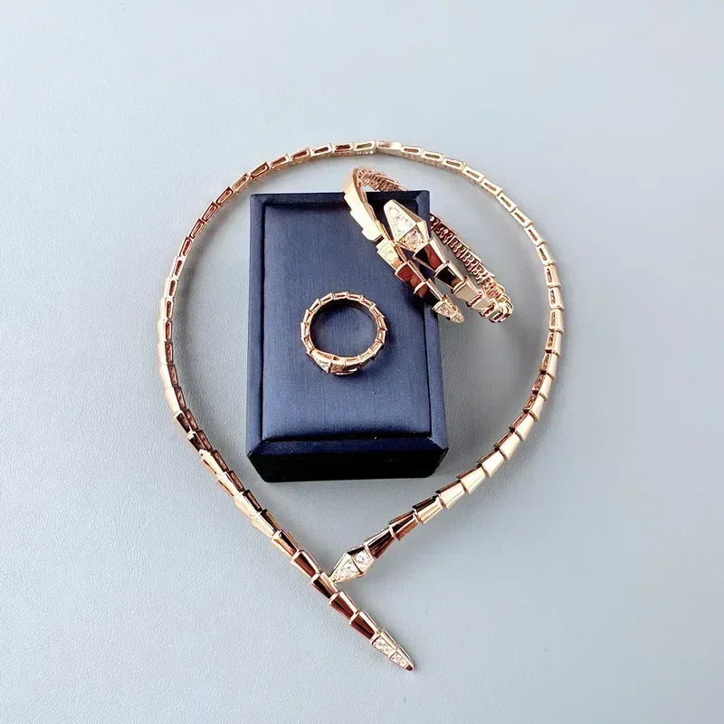 Designer Luxury Dinner Jewelry Sets Women Lady Inlay Cubic Zircon Snake Snakelike Narrow Collar Necklace Bangle Bracelet Ring