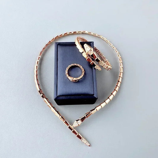Designer Luxury Dinner Jewelry Sets Women Lady Inlay Cubic Zircon Snake Snakelike Narrow Collar Necklace Bangle Bracelet Ring