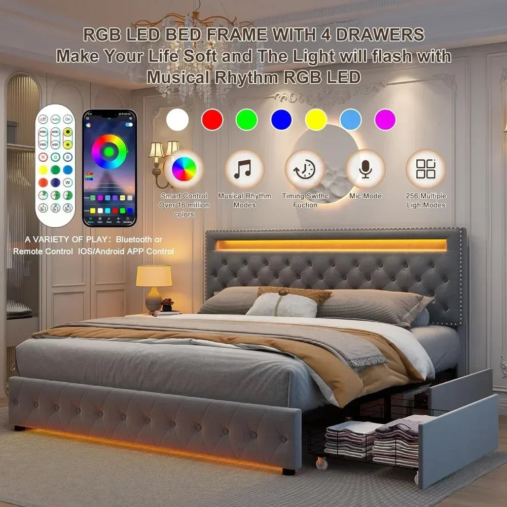 LED Queen size Bed Frame with 4 Storage Drawers, Headboard Footboard, Control DIY Color, Box Spring Optional, Bed Frame