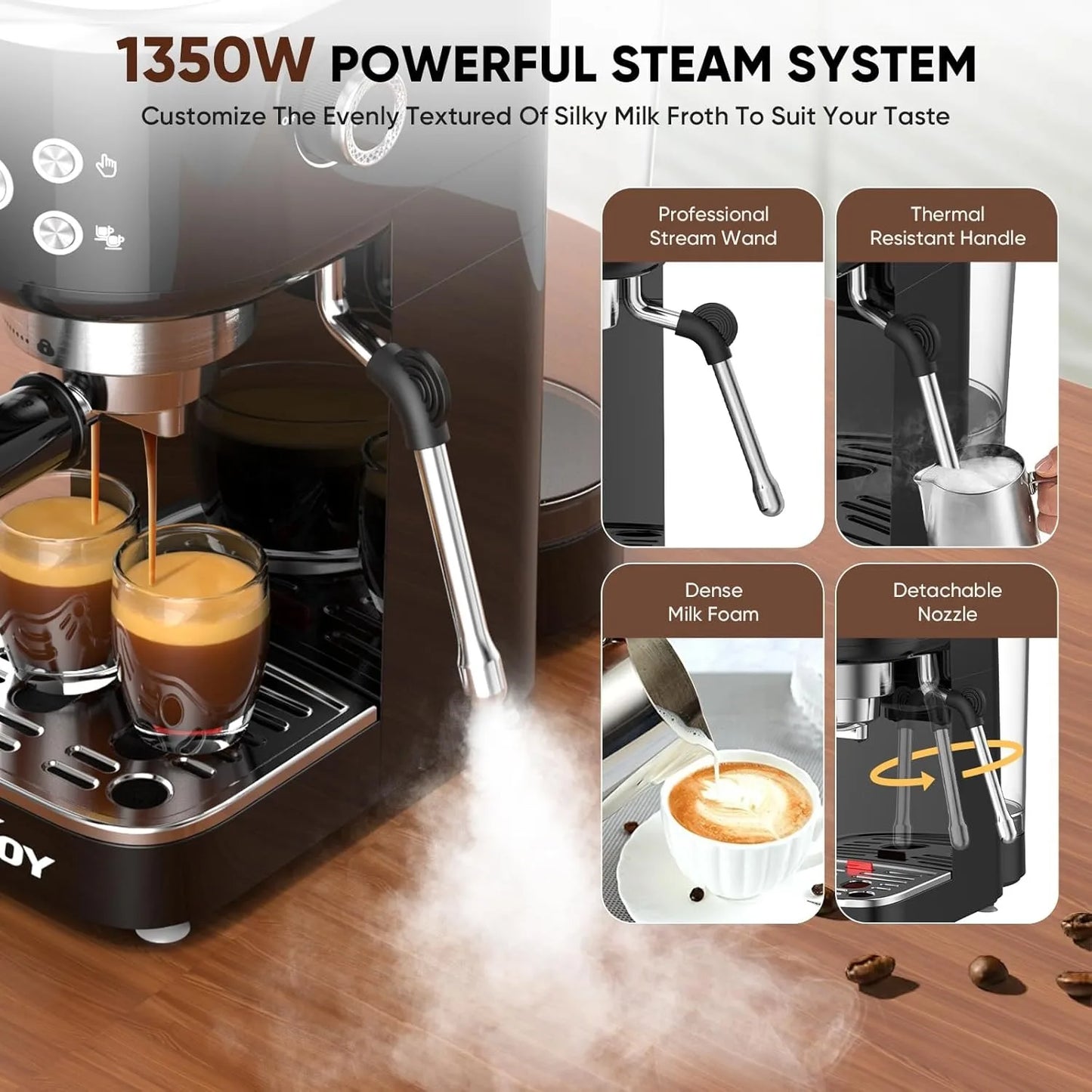 Sejoy Espresso Machine 20 Bar Espresso Coffee Maker Cappuccino Machine w/ Steam Wand