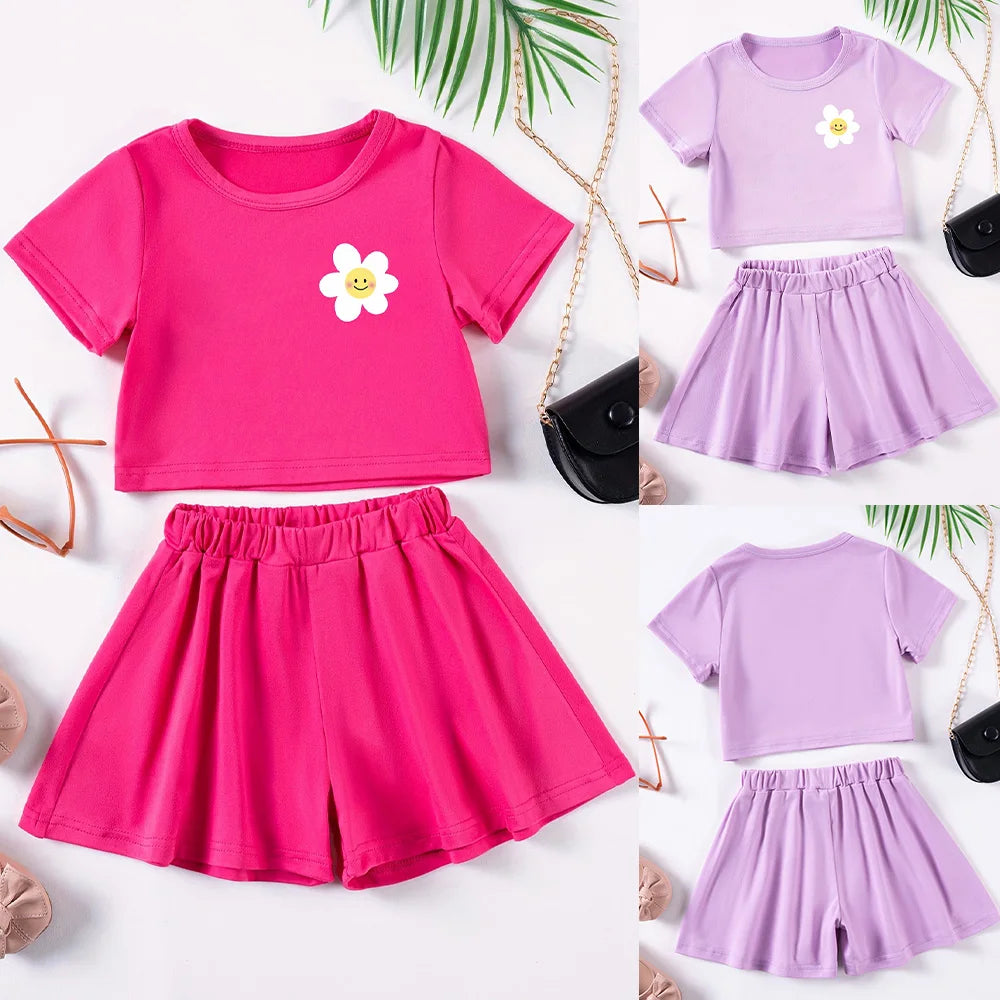 2025 Baby Girl 2pcs Kids Summer Casual Cute Flower Printed Short Sleeve Shorts Set Sweet Solid Color Versatile