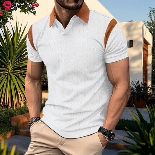Men s Short Sleeve T-Shirts with Jacquard Patchwork Design and Turn Down Collar for Casual Summer Fashion  Fit