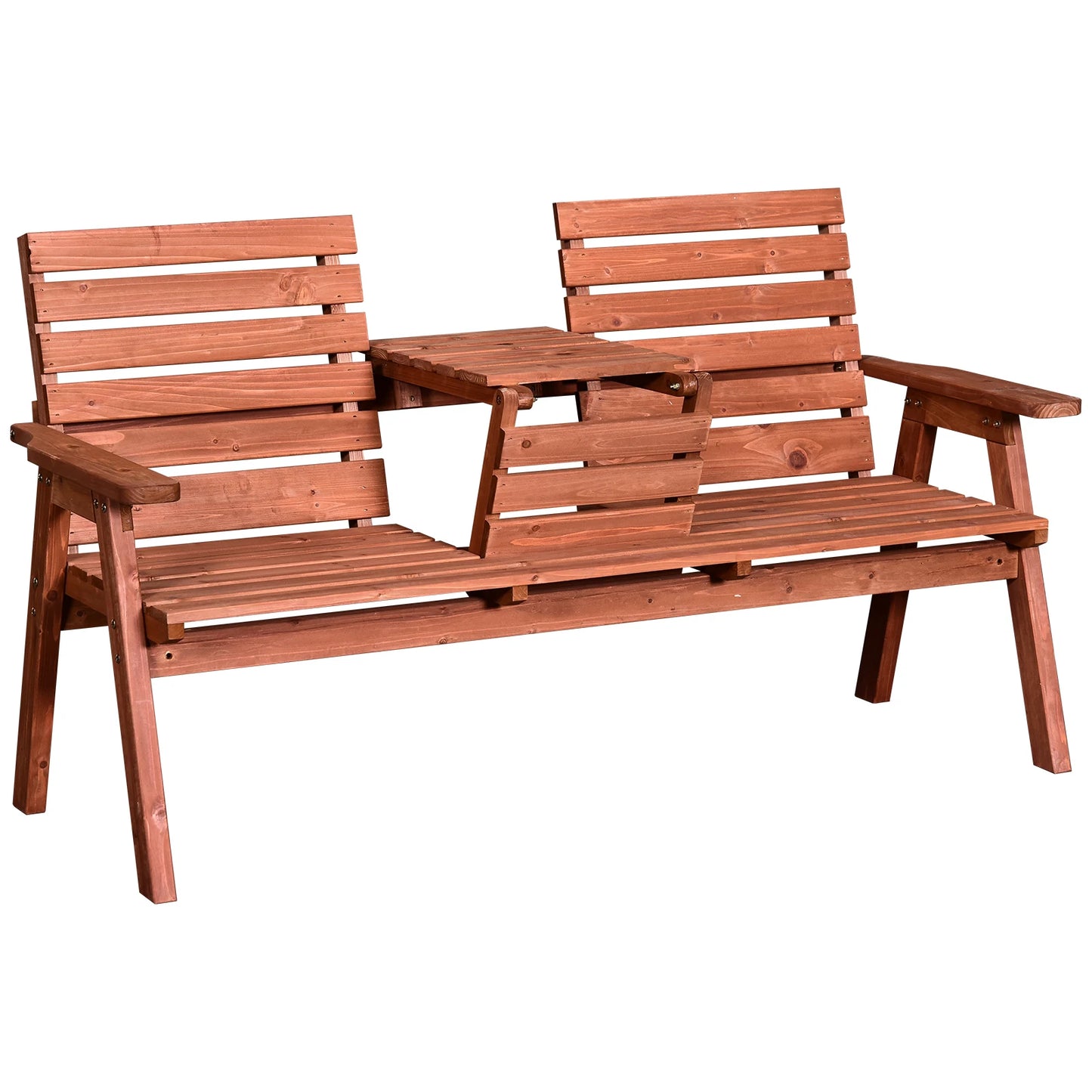 Outsunny 2 Seater Wooden Garden Bench with Convertible Middle Table, Outdoor Three-Seater Bench for Patio, Park, Porch, Orange