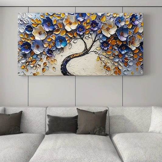 Large abstract Floral tree canvas art - Boho style, blue textured mural, 1.5-inch chunky wood frame for home decor lovers