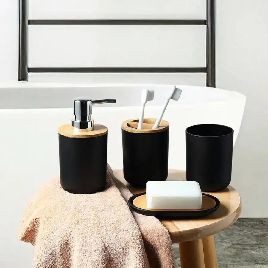 4pcs Bathroom Accessories Set,Include Toothbrush Holder and Cup,Lotion Dispenser,Soap Dish, Bamboo Cover Set