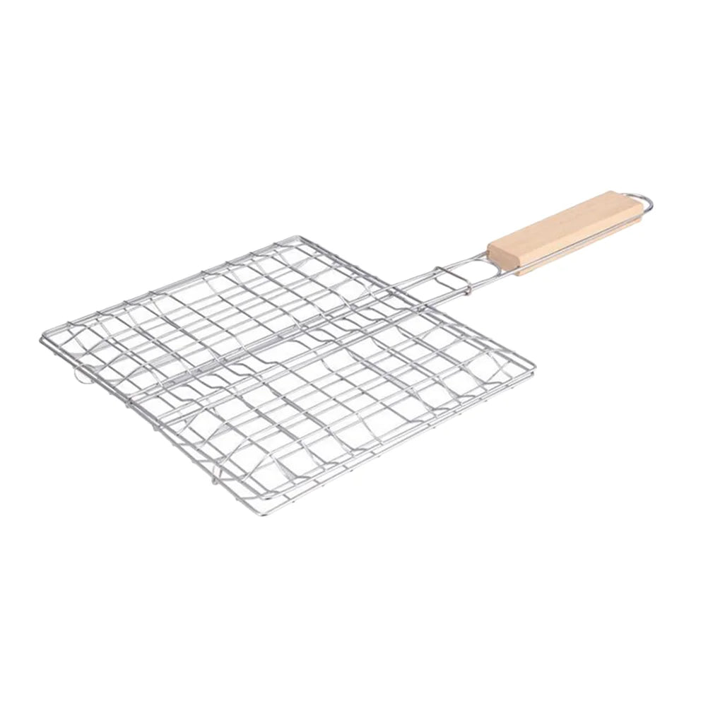 Portable Stainless Steel Grill Rack Outdoor Barbecue Fish Grilling Basket Wooden Handle Bbq Tool Camping Picnic Kitchen