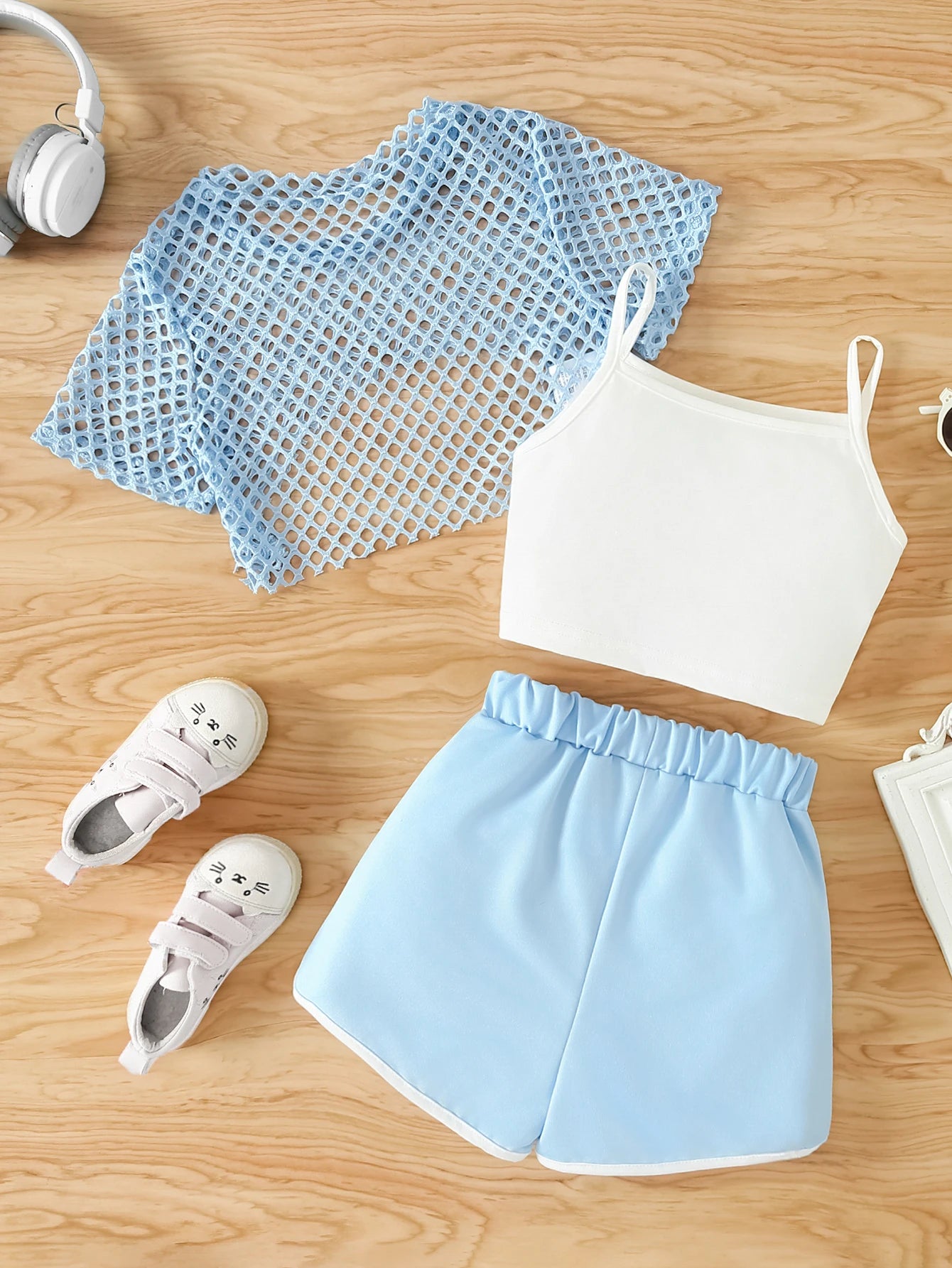 Girls Three-Piece Clothing New Breathable Summer Thin Fashion Short-Sleeved Mesh Top + Letter Printed Short Vest Suspender + Letter Printed Sports Shorts
