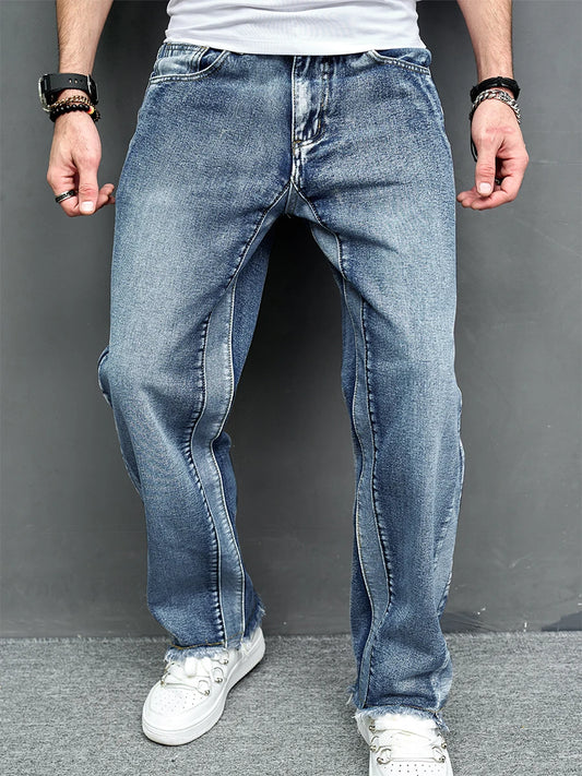 Men Denim Pants Raw Hem Solid Color Vintage Loose Wide Leg Pants Casual Trousers with Pockets for Streetwear