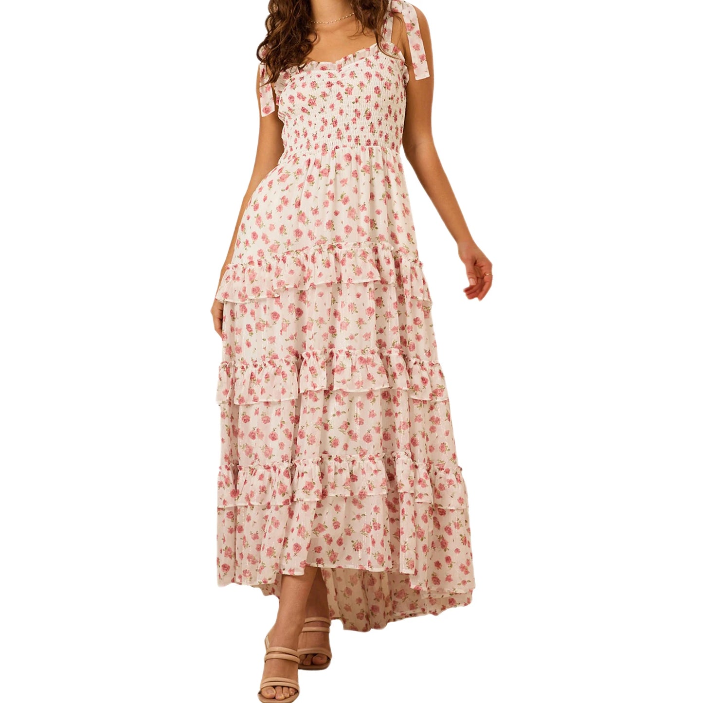 Elegant Sleeveless Floral Print Maxi Dress with Tiered Ruffle Detail and Adjustable Tie-Shoulder Straps for Women