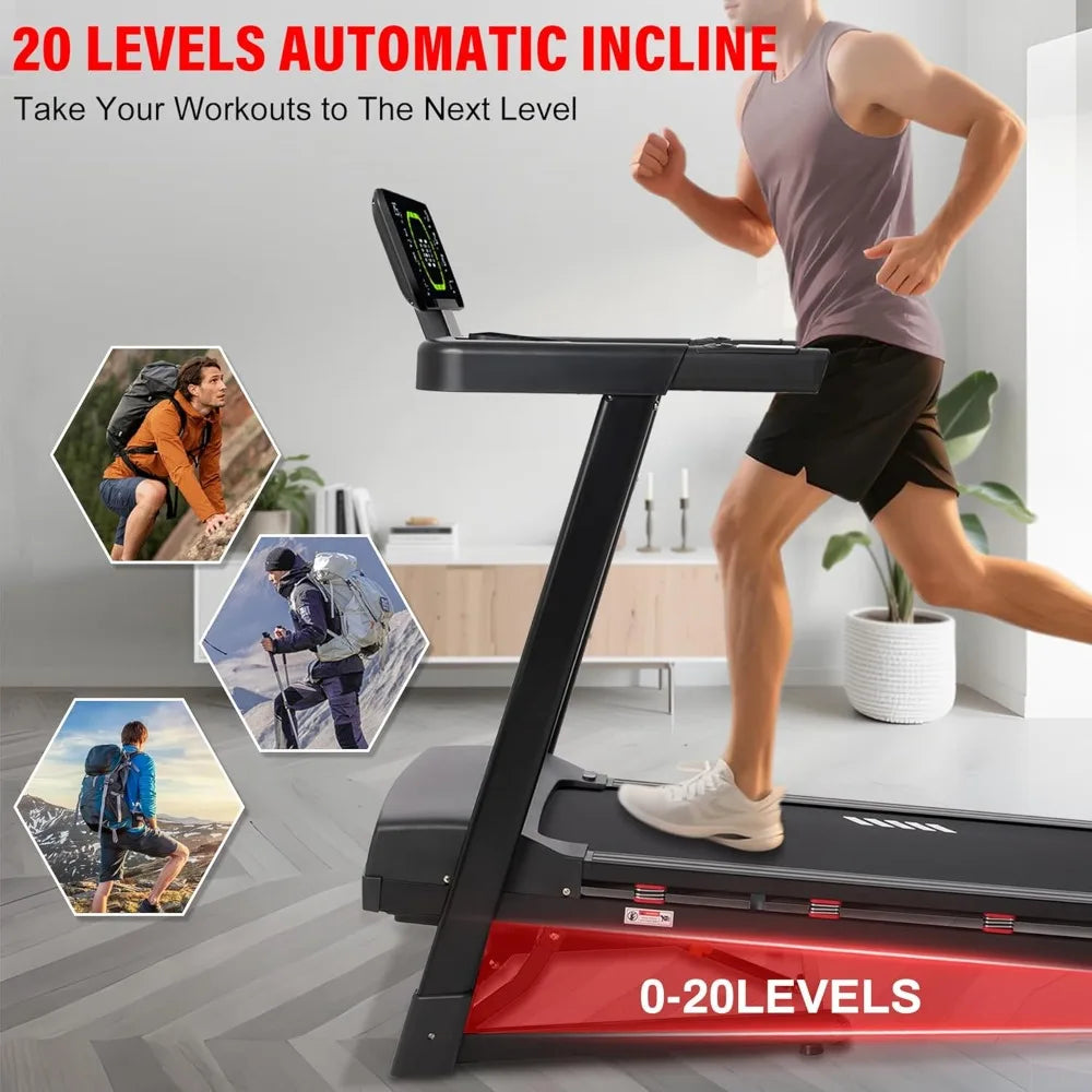 Heavy Duty Treadmill for Home, 20-Level Auto Incline Treadmill 400 LB Capacity, 0.6-12 MPH, 20" Wide Deck, LED, Customized