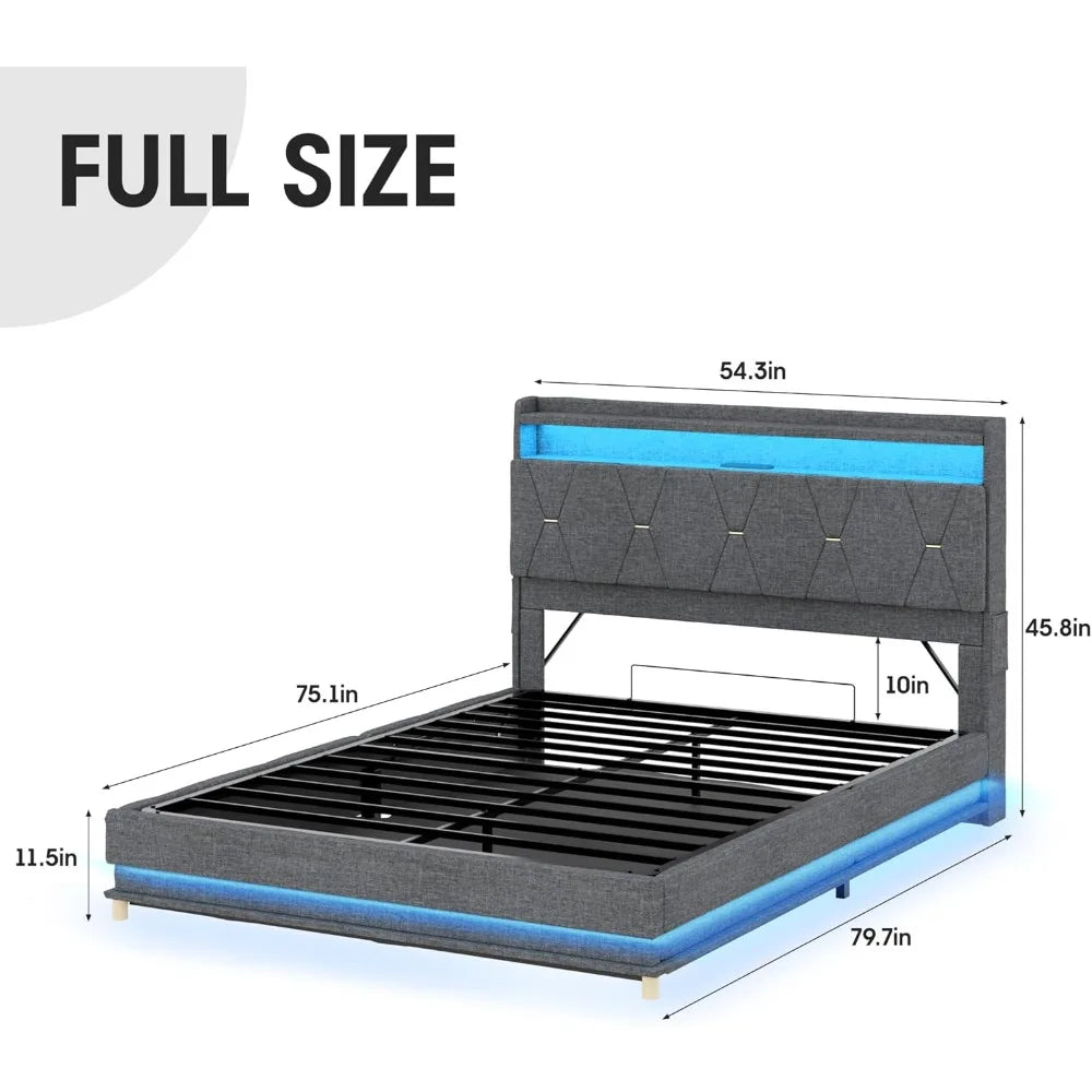 Fameill Full Size Lift Up Storage Bed Frame, Storage Headboard with Charging Station, LED Lights Upholstered Platform Bed, No Bo