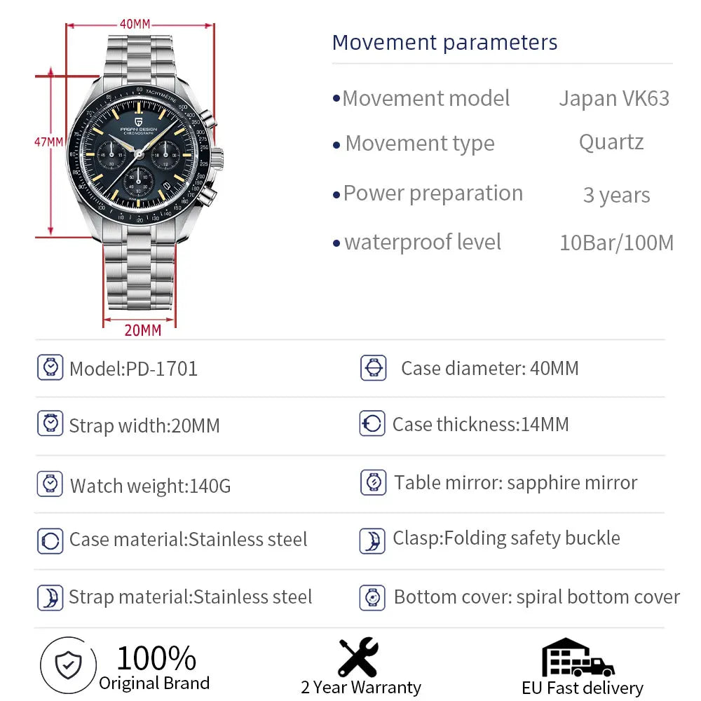 2025 New PAGANI DESIGN Tribute to CK2998 Moon Watch Retro Luxury Quartz Watches For Men Stainless steel Sport Chronograph Man