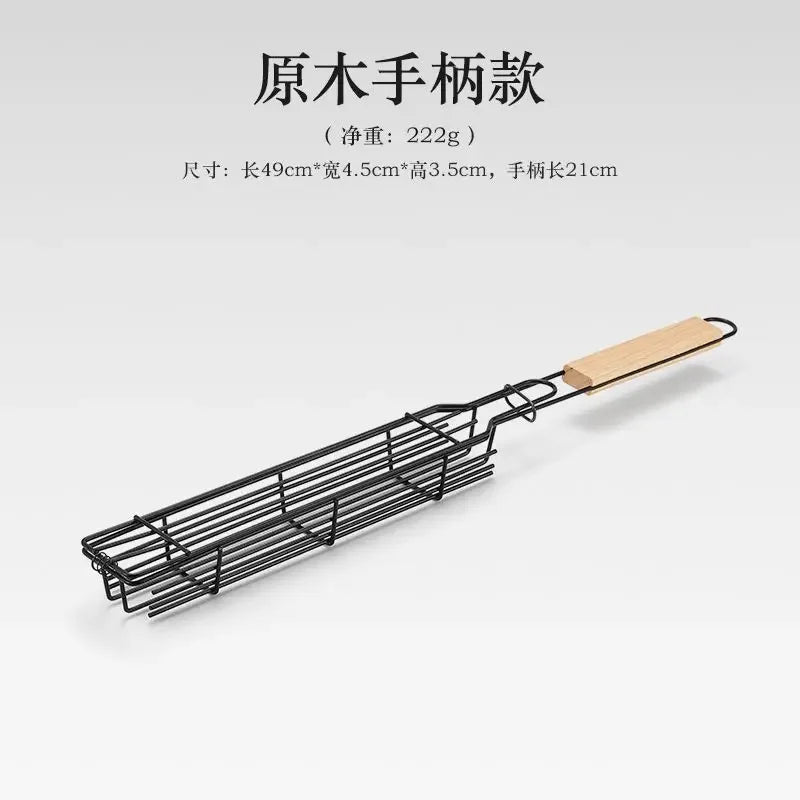 Wooden Handle BBQ Grill Basket - Outdoor Camping Grill Rack for Meat/Veggies, Charcoal Picnic Skewer Tool Party Camping Kitchen