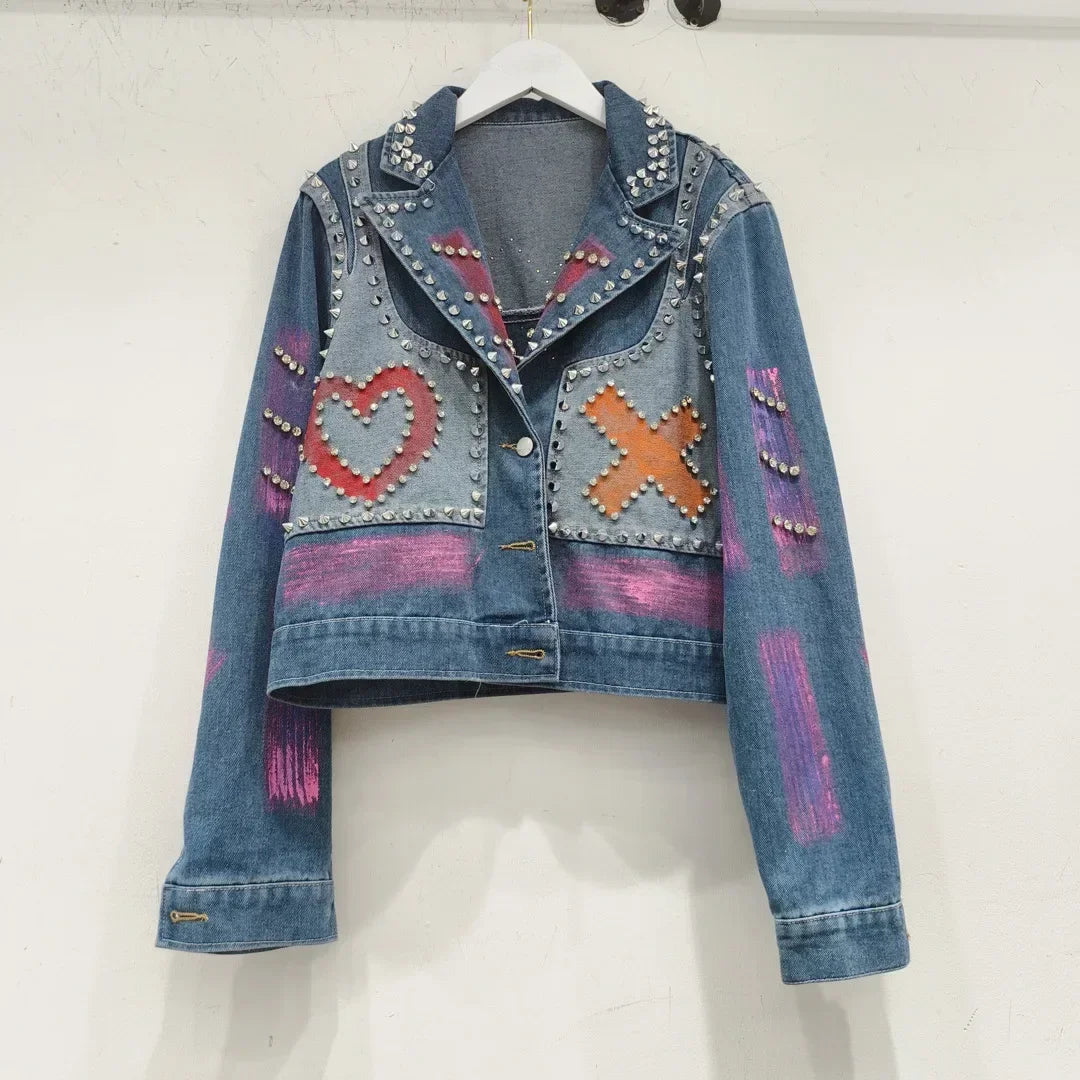 Women Spring Hand Painted Graffiti Diamonds Beaded Denim Jacket Loose Rivets Jeans Coat Turn Down Collar Cowboy Cardigan Tops