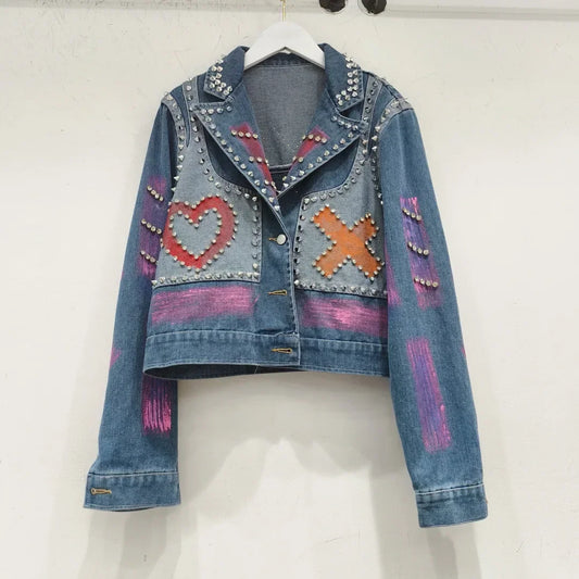 Women Spring Hand Painted Graffiti Diamonds Beaded Denim Jacket Loose Rivets Jeans Coat Turn Down Collar Cowboy Cardigan Tops