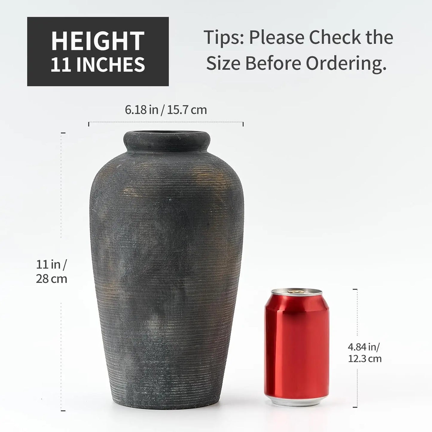 Large Ceramic Rustic Vase, 11 inch Minimalist Decorative Farmhouse Tall Vase for Home Decor, Living Room, Shelf Decor
