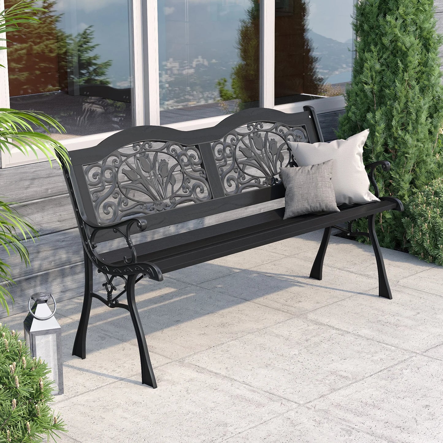 【Breeins】Black Metal Frame Wood Garden Bench