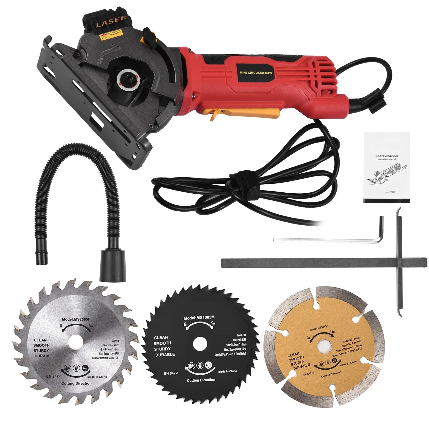 580W 4.8A 3700RPM Mini Circular Saw Corded 4 Amp Electric Compact Circular Saw with Laser Guide Scale Ruler Vacuum Port 3 Blades