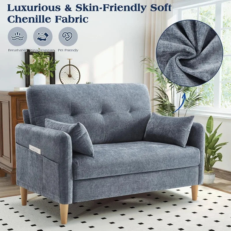 Hanherry Loveseat Sofa, 47” Small Couch for Living Room, Comfy Chenille Fabric Love Seat for Bedroom with Throw Pillow