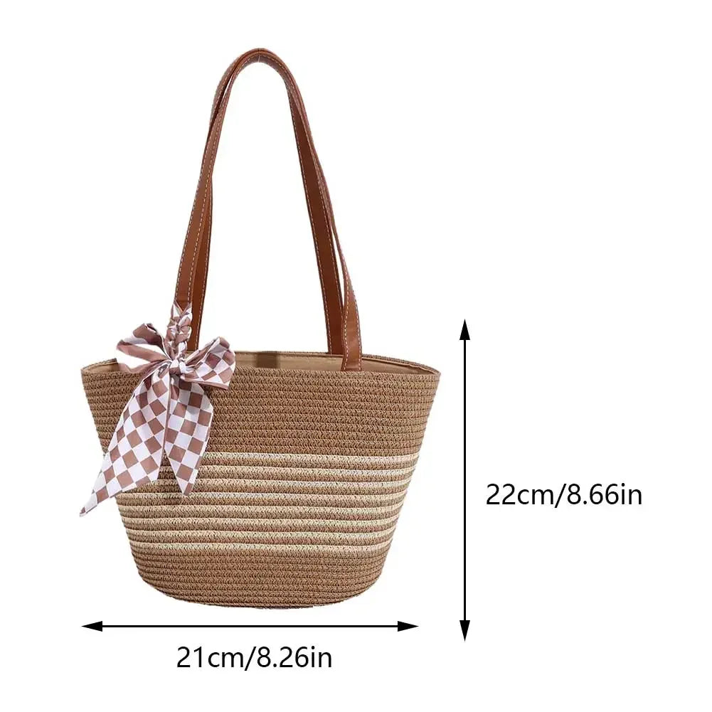 Women Straw Tote Handbag Large Capacity Crochet Beach Handbag Zipper Closure Weaving Striped Handbag Ladies Summer Daily Bag