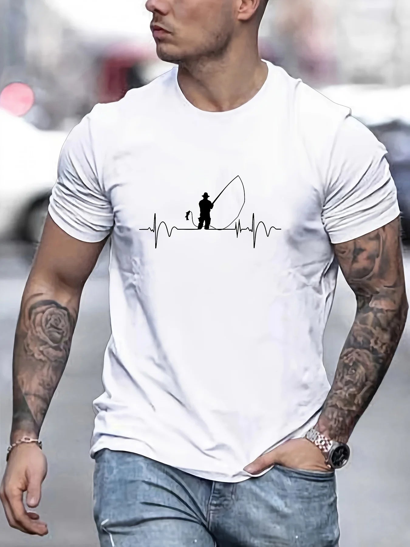 Man short sleeve T-shirt Fisherman Print Summer Breathable Streetwear Oversized O-Neck Tee Casual Fashion High quality Clothing