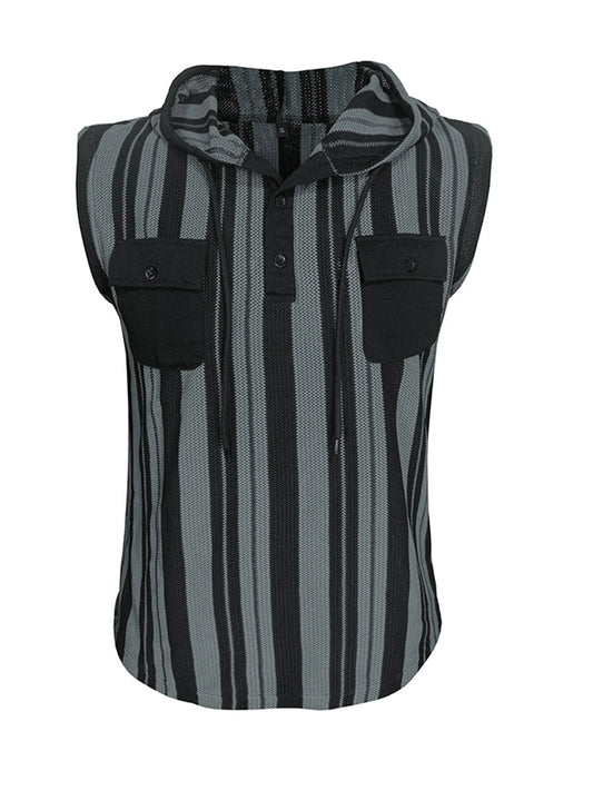 Men s Stylish Sleeveless Striped Tank Top with Hood and Drawstring Casual Button-Up Vest Featuring Pockets for Summer Wear