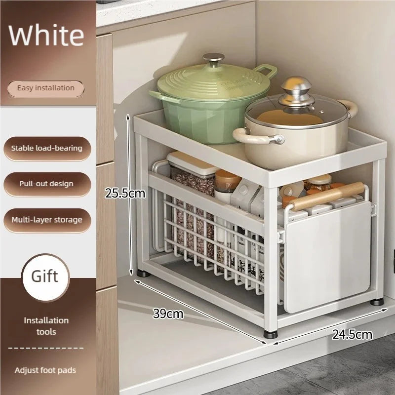 Kitchen Pull-out Basket Shelf Multifunctional Under Sink and Under Vanity Double Storage Shelf Save Space For Storage Items