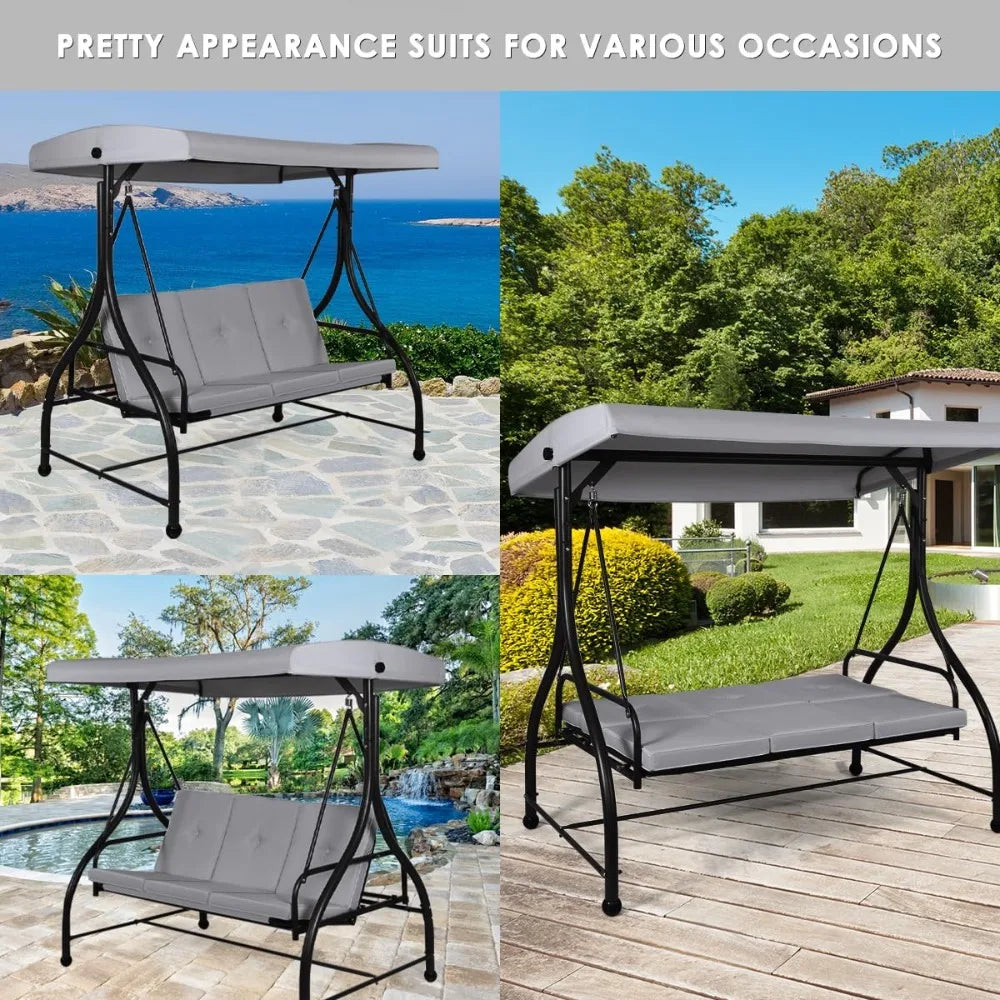 Garden Swing Chair, 3 Seater Convertible Outdoor Hammock Bench Chair with Adjustable Canopy and Cushions, Patio Swing Bench