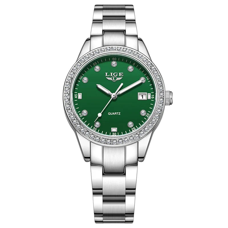 LIGE Original Diamond Dial Quartz Watch for Women Fashion Elegant Ladies Watches Stainless Steel Waterproof Women's Wristwatch